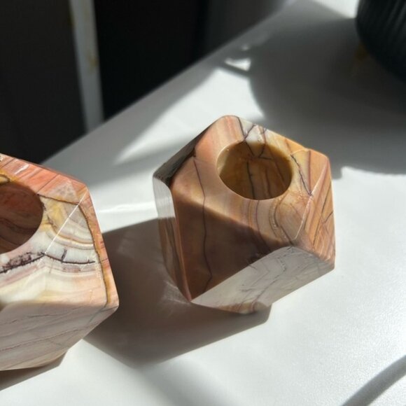Geometric Marble Candle Holders - Tan and Brown x2 circa 1970 😃 - Picture 4 of 10